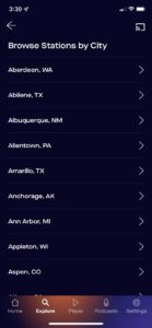 Audacy iPhone app showing Cumulus Media markets not yet live on the platform including Abilene, Allentown, Ann Arbor, and Appleton.